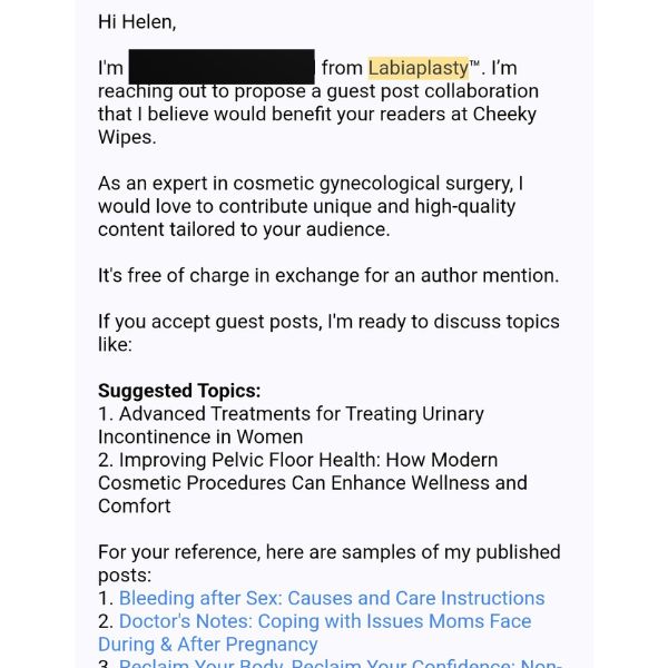 An email from a doctor offering Labiaplasty content.